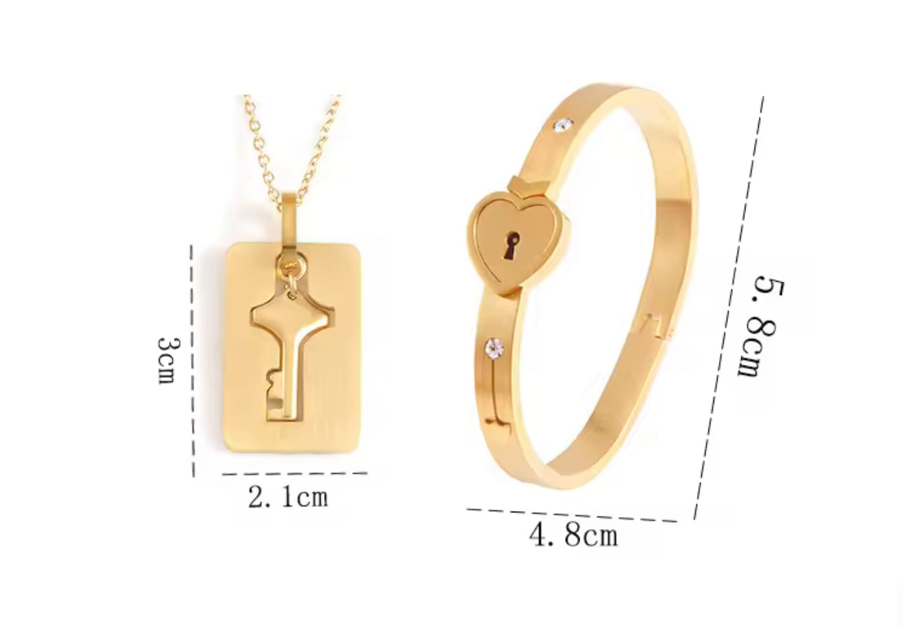 Stainless Steel Couples Lock Bracelet & Key Necklace Set.