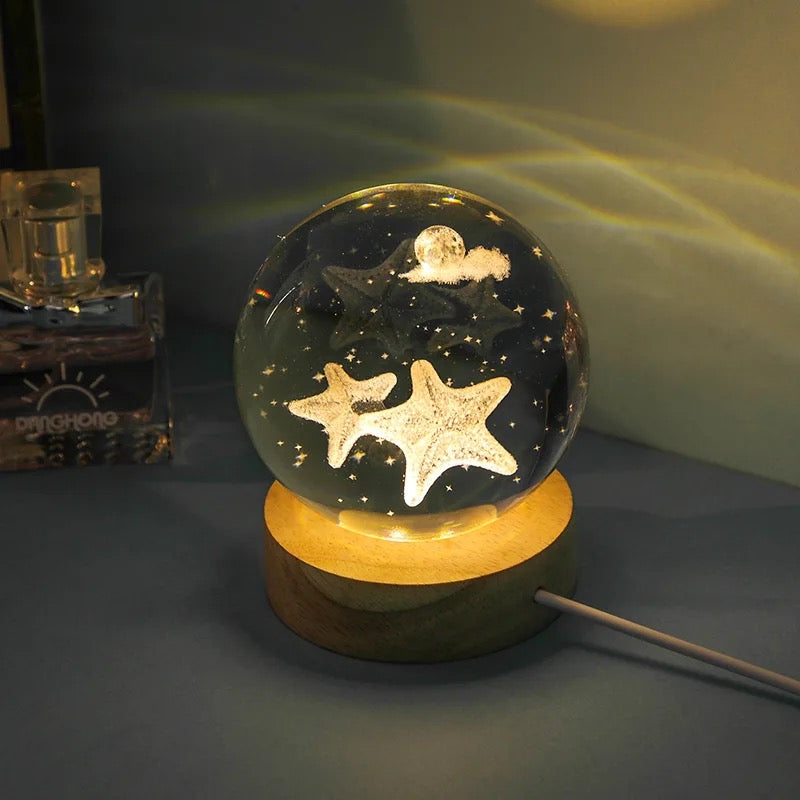 3D Laser Engraved 8cm Glass Crystal Ball Lamp (Starfish)