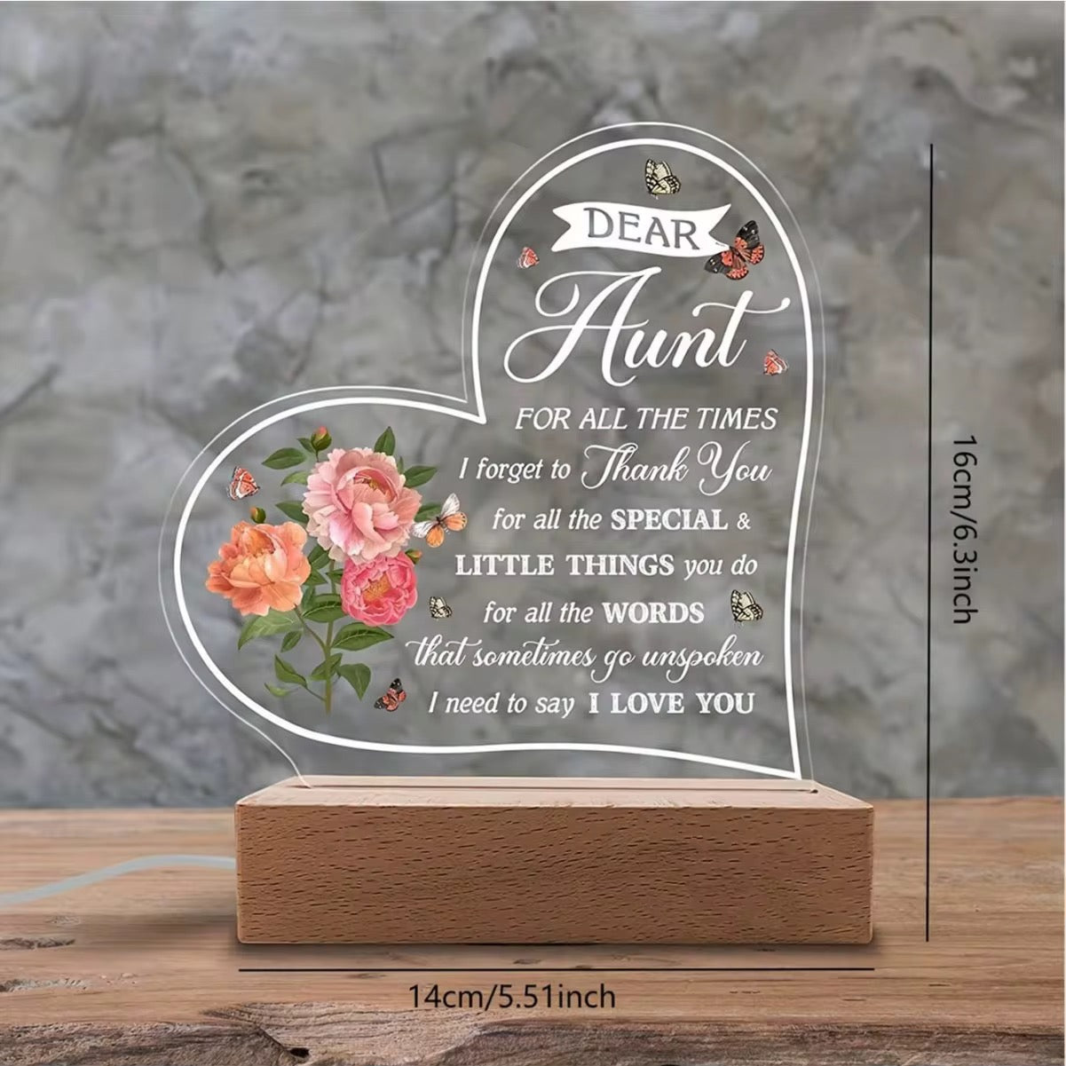 Mother’s / Aunt Love 3D Acrylic USB Night Lamp With Wooden Base