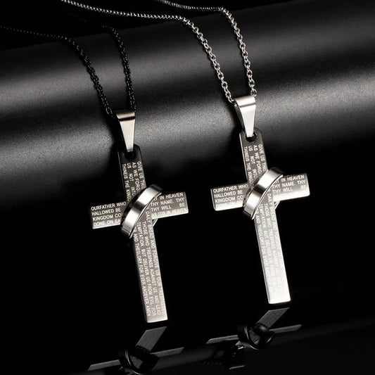 Stainless Steel Christian Cross Necklace- โOur Fatherโ Prayer Engraved