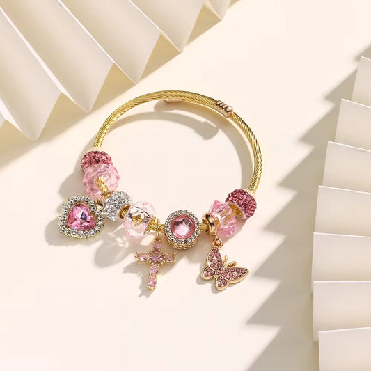 Stainless Steel Pink Zircon Cross Charm Bracelet (Adjustable)