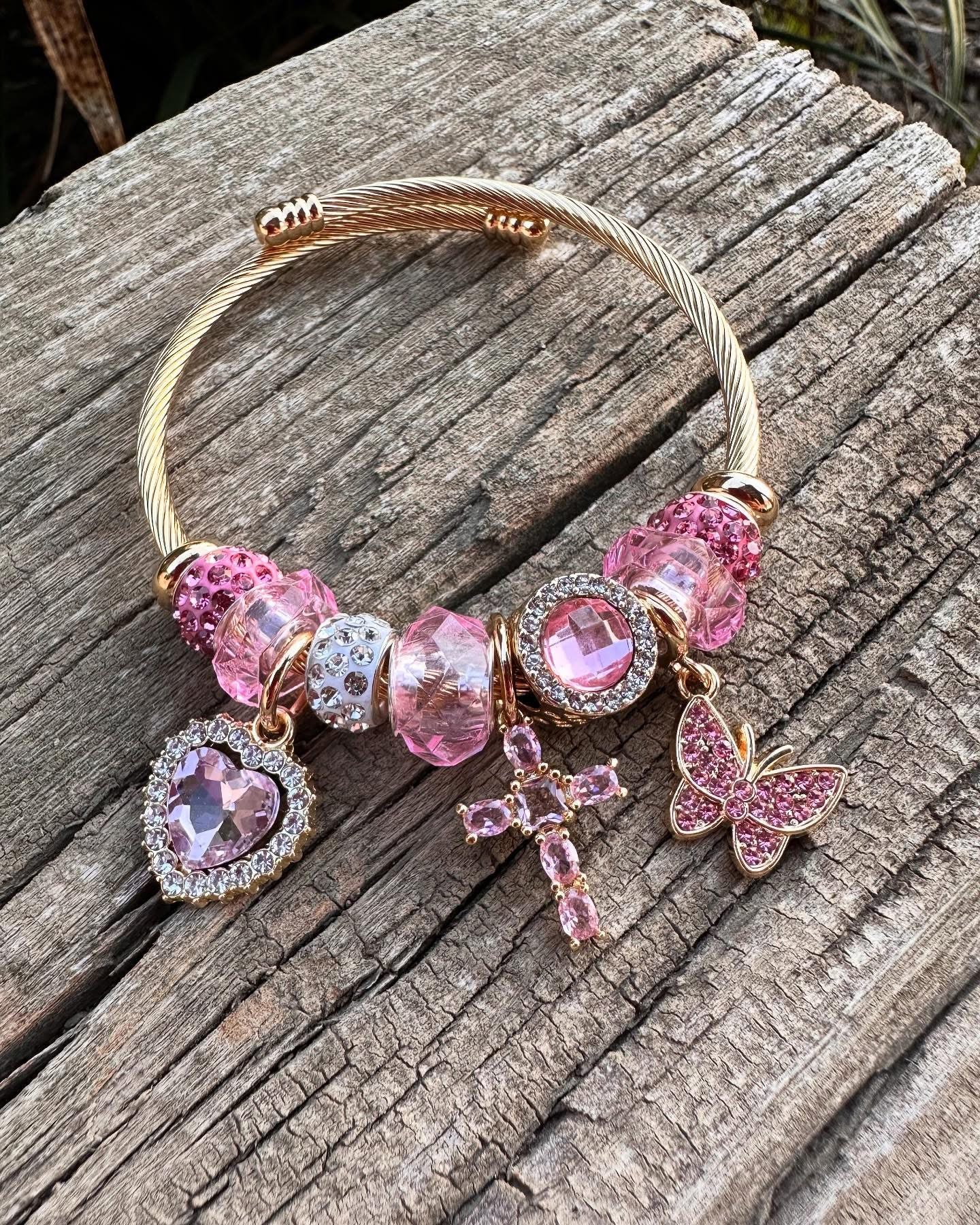 Stainless Steel Pink Zircon Cross Charm Bracelet (Adjustable)