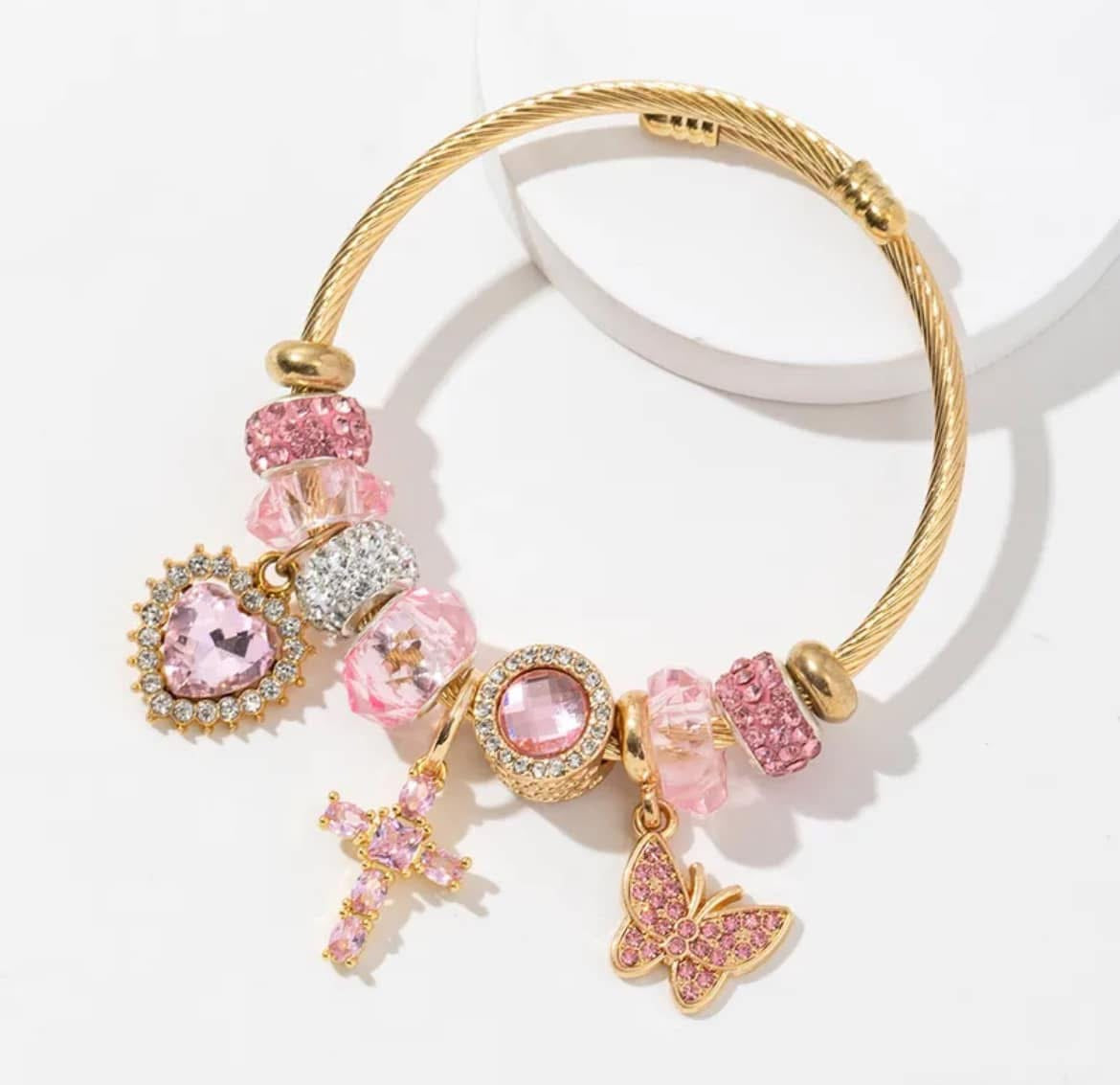Stainless Steel Pink Zircon Cross Charm Bracelet (Adjustable)