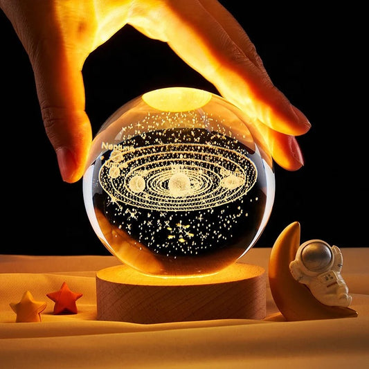 8cm 3D Laser Engraved Glass Crystal Ball Lamp Universe Astronomy Decor (Solar System)