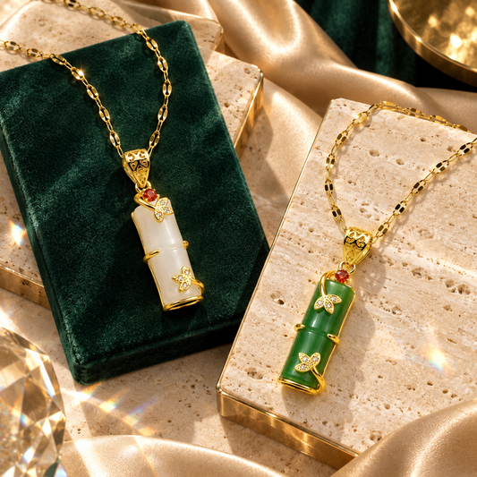 Stainless Steel Chinese Lucky Bamboo Jade & Ruby Necklace