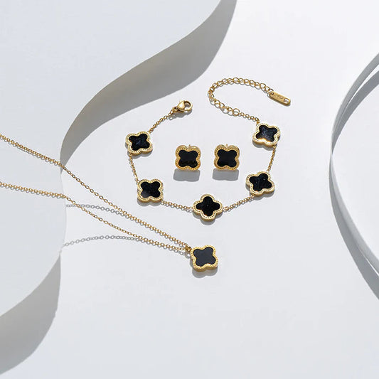 High Quality Stainless Steel Van Cleef Inspired Clover 3pc Set (Black)