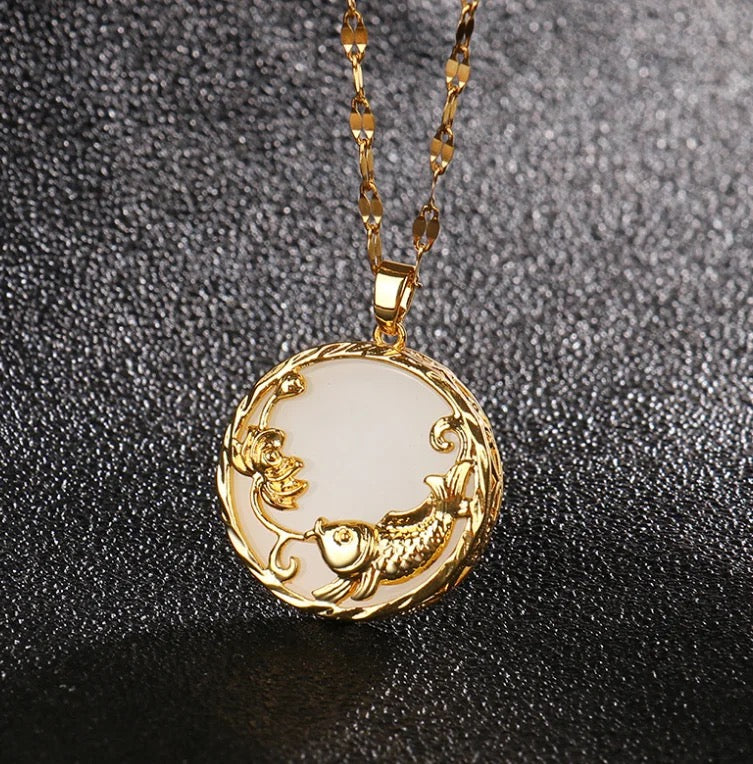 Stainless Steel Koi Jade Necklace