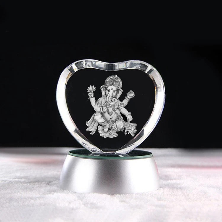 K9 Glass Crystal Heart 3D Laser Engraved Hindu God Lamp (Lord Ganesh)