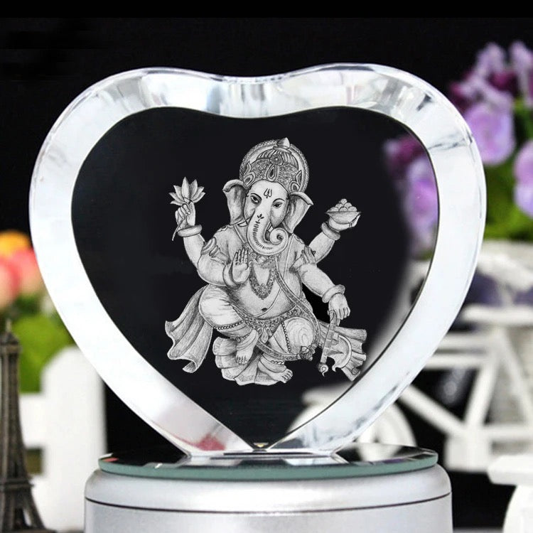 K9 Glass Crystal Heart 3D Laser Engraved Hindu God Lamp (Lord Ganesh)