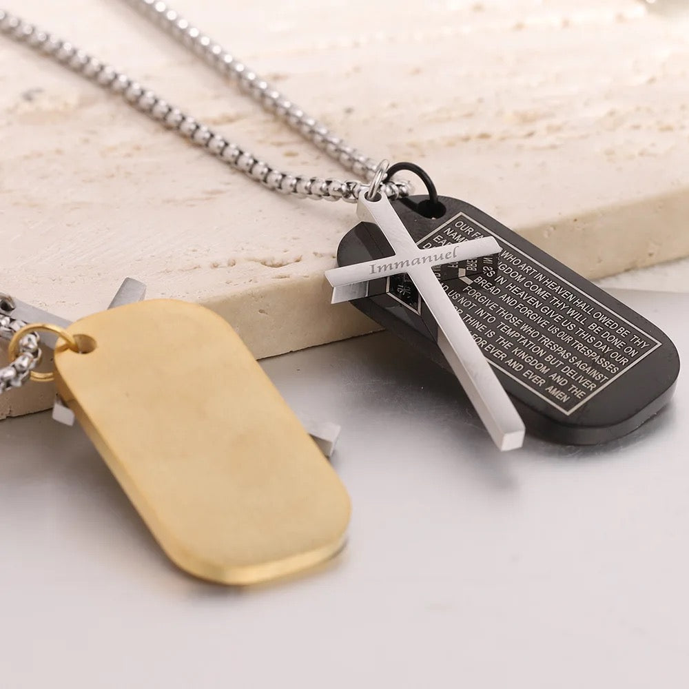 Stainless Steel Jesus “Emmanuel” Silver Cross With “Our Father Prayer” Engraved Dog Tag Necklace Combo