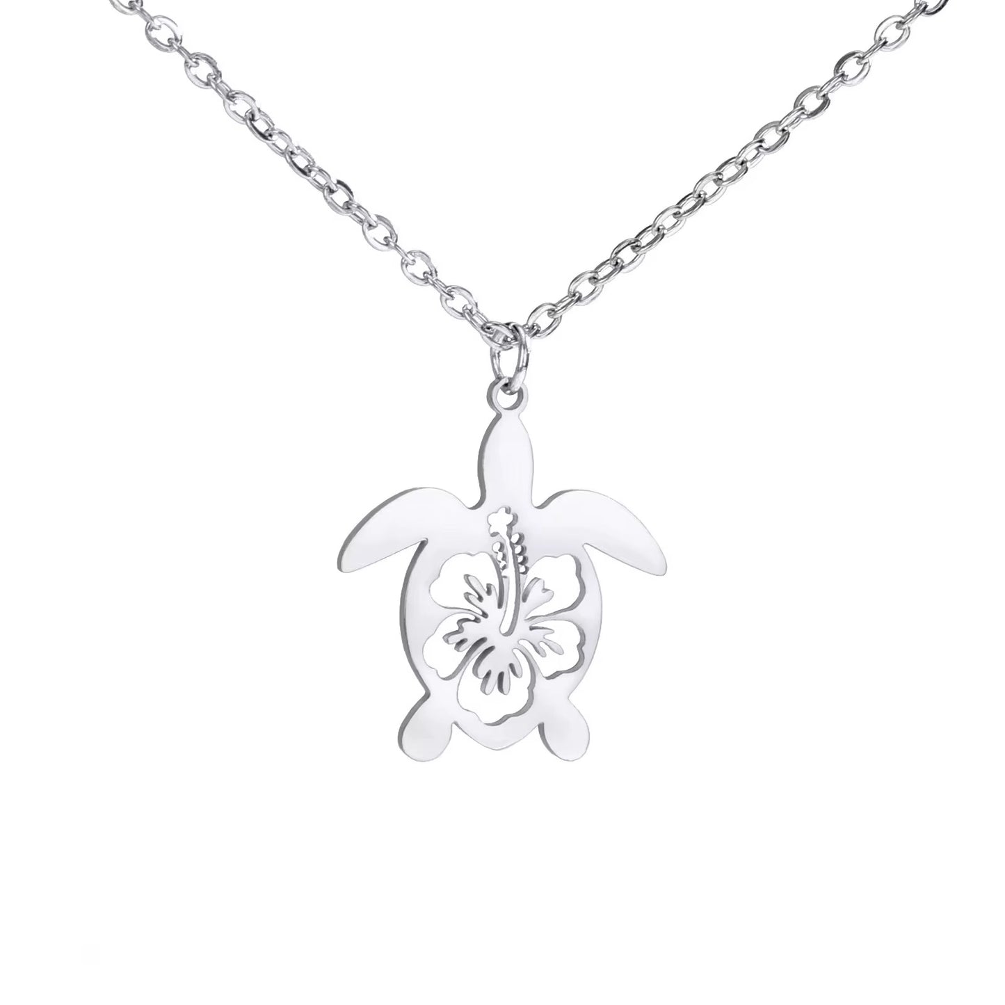 Stainless Steel Turtle Hibiscus Design Necklace
