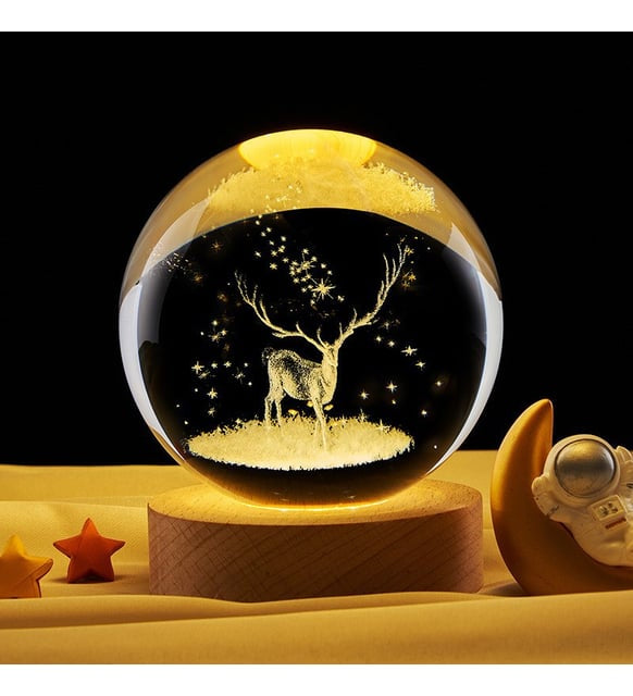 3D Laser Engraved 8cm Glass Crystal Ball Lamp (Reindeer)