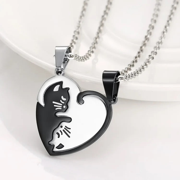 Stainless Steel Couples Heart Distance Cat Necklace 2pc