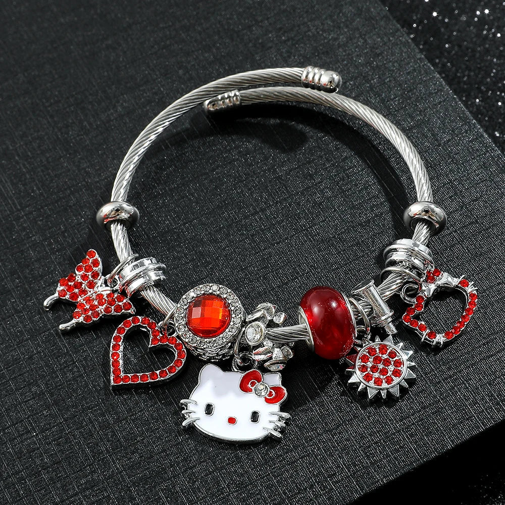 Stainless Steel Hello Kitty Red Zircon Charm Bracelet