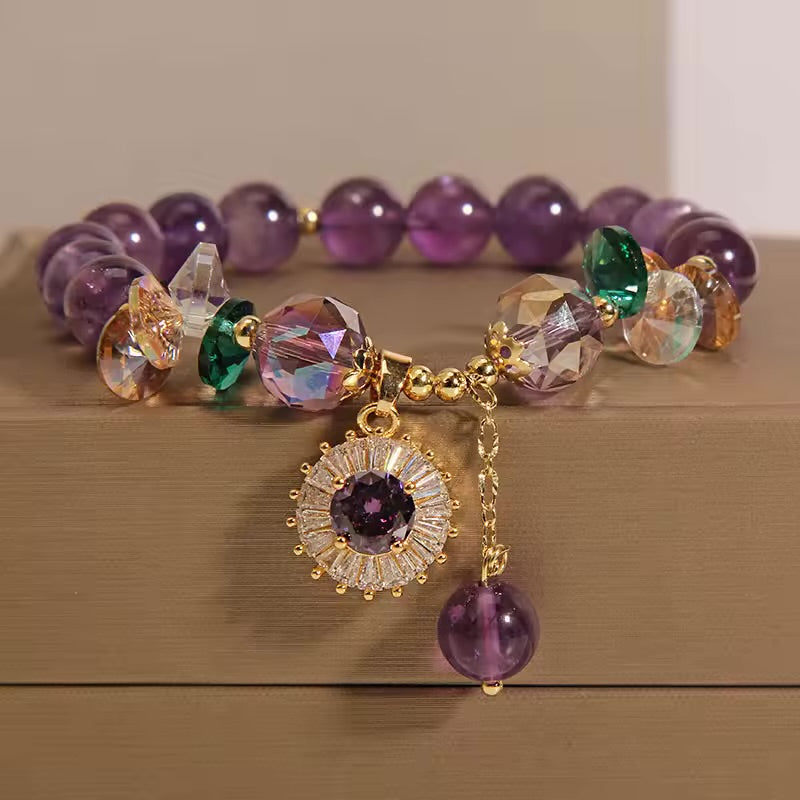 Natural Amethyst Zircon Flower Charm Bracelet (8MM Beads)