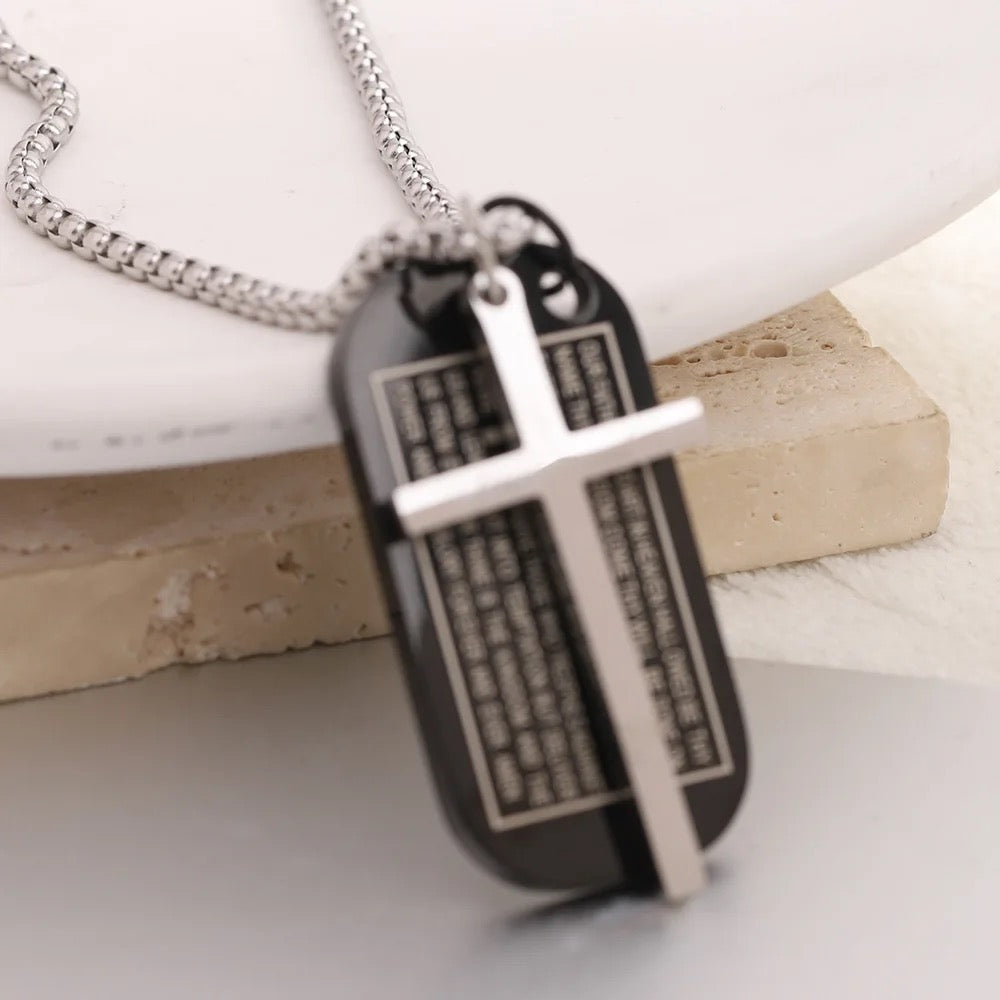 Stainless Steel Jesus “Emmanuel” Silver Cross With “Our Father Prayer” Engraved Dog Tag Necklace Combo