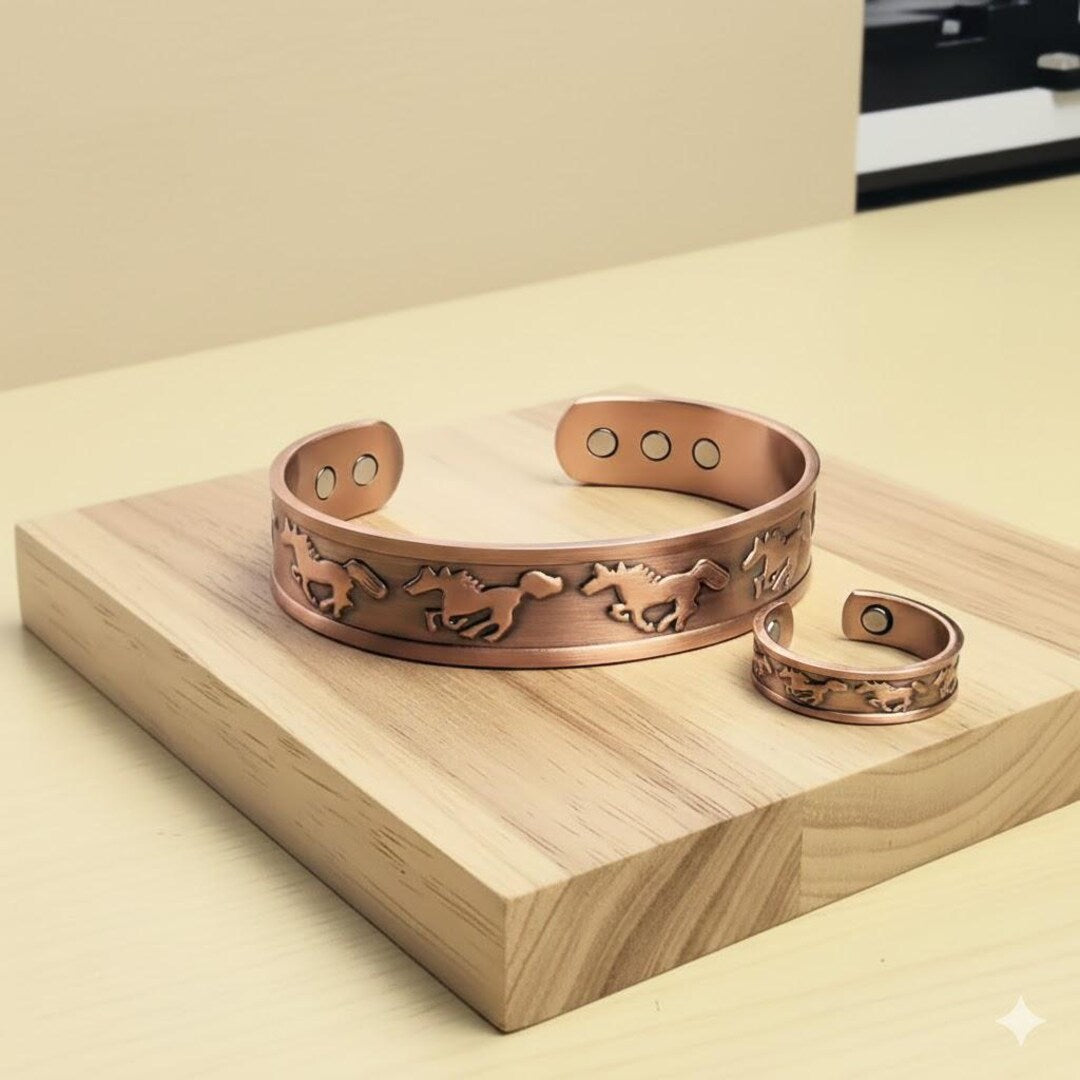 Adjustable Ultra Strength Pure Copper Magnetic Bracelet & Ring Set  (99.99% Copper) Embossed Running Horse Design