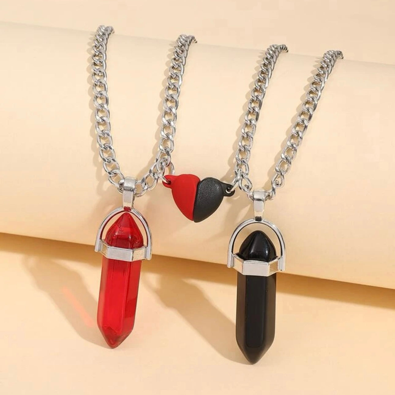 Stainless Steel 2pcs Couple Magnetic Heart & Geometric Crystal Necklace