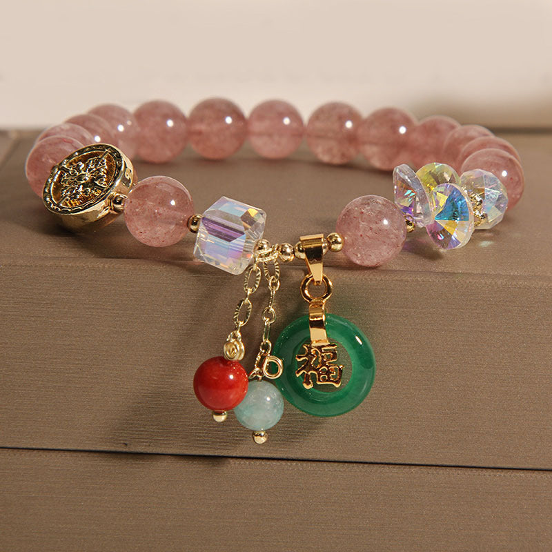 Strawberry Quartz Crystal Jade Charm Bracelet