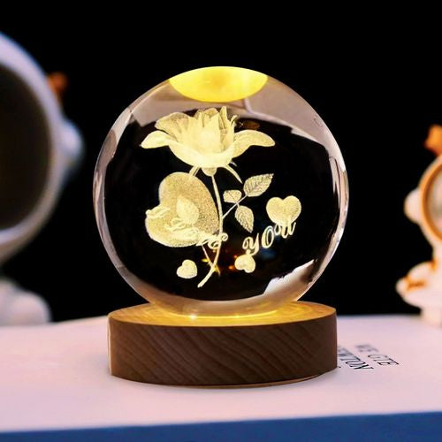 3D Laser Engraved 8cm Glass Crystal Ball Rose Lamp (I Love You)