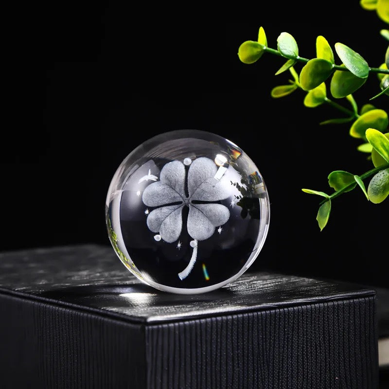 3D Laser Engraved 8cm Glass Crystal Ball Lamp (Lucky 4-Leaf Clover )