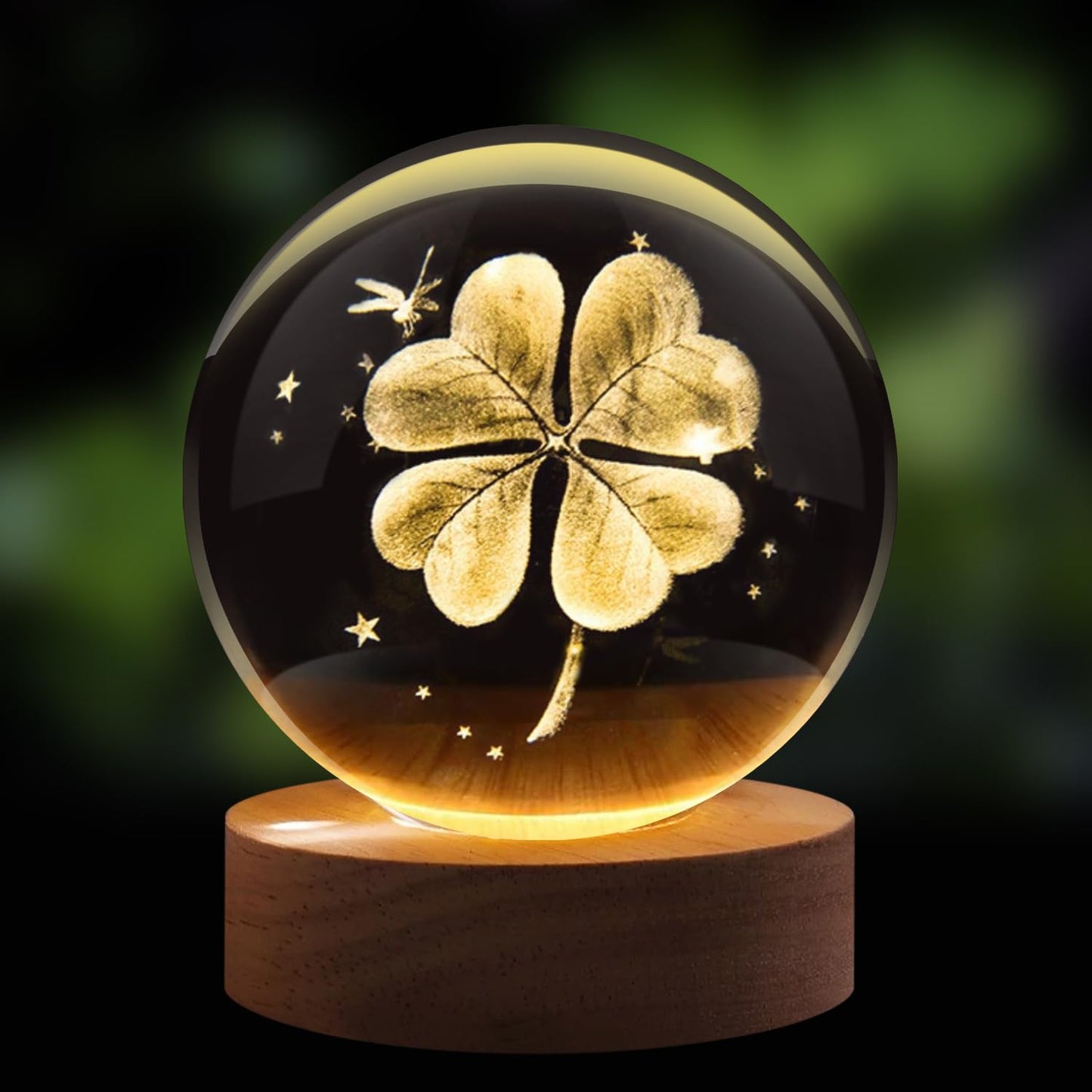 3D Laser Engraved 8cm Glass Crystal Ball Lamp (Lucky 4-Leaf Clover )