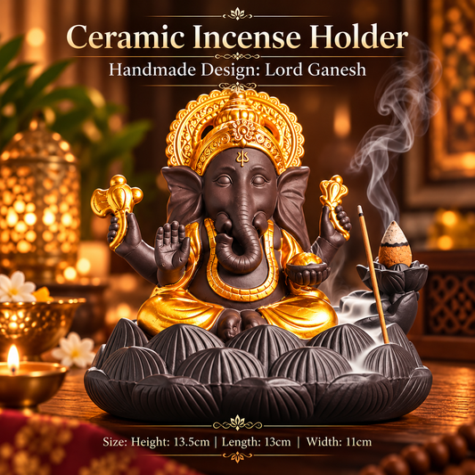 Ceramic Lord Ganesh Back Flow Incense Holder + 10 Free Incense Cones