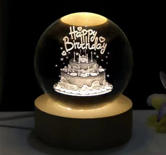 3D Laser Engraved 8cm Glass Crystal Ball Lamp (Happy Birthday)