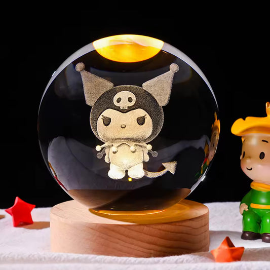 3D Laser Engraved 8cm Glass Crystal Ball Lamp (Kuromi)