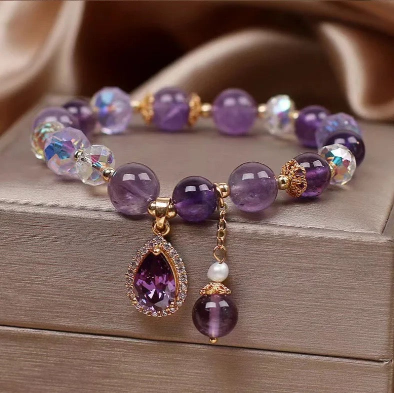 Natural Amethyst Zircon Charm Bracelet (8MM Beads)