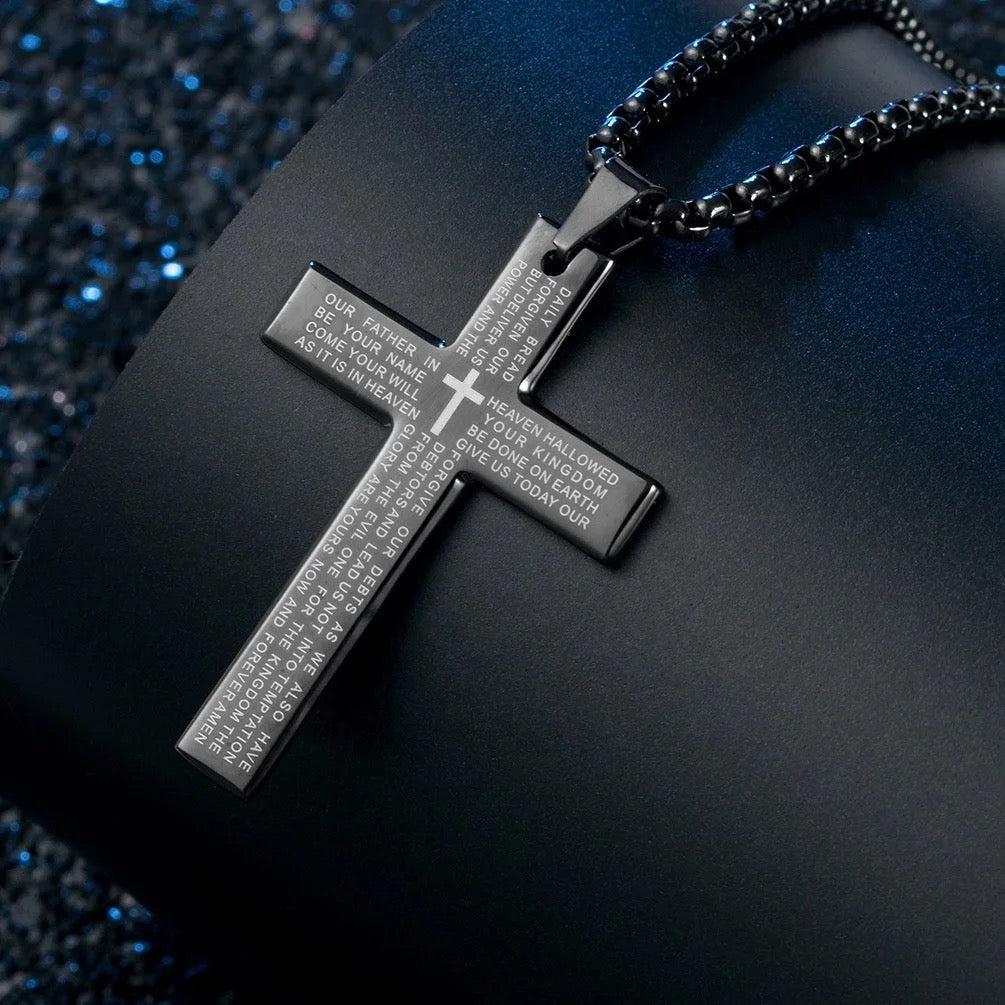 Stainless Steel Christian Cross Necklace With “Our Father Prayer” Engraved