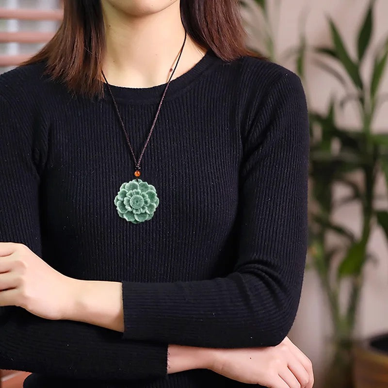 Natural Jade Carved Lotus Pendant Necklace