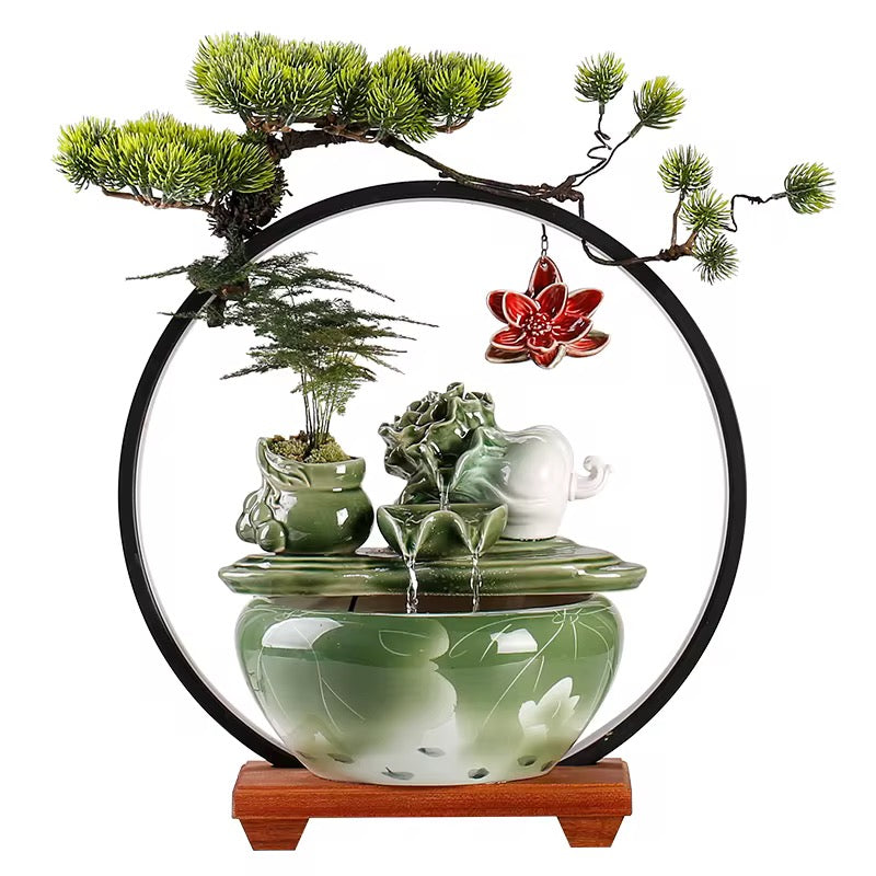 Chinese Bok choy Back-Flow Incense Holder & Waterfall Mist Maker with Ring Light Ornamental Set