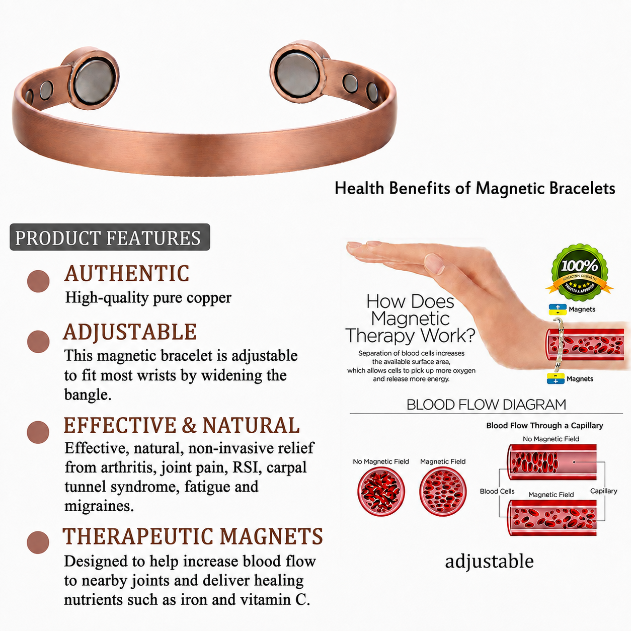Adjustable Ultra Strength Pure Copper Magnetic Bracelet (99.99% Copper) Intricate Scale  Design