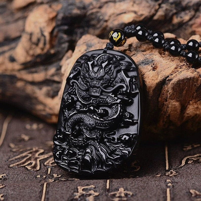 Dragon Carved Obsidian Stone Adjustable Necklace