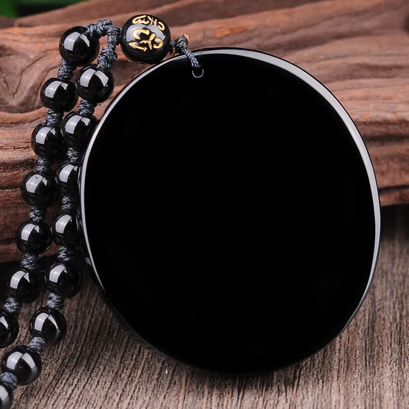 Avalokiteshvara Bodhisattva Buddha Carved Obsidian Stone Adjustable Necklace