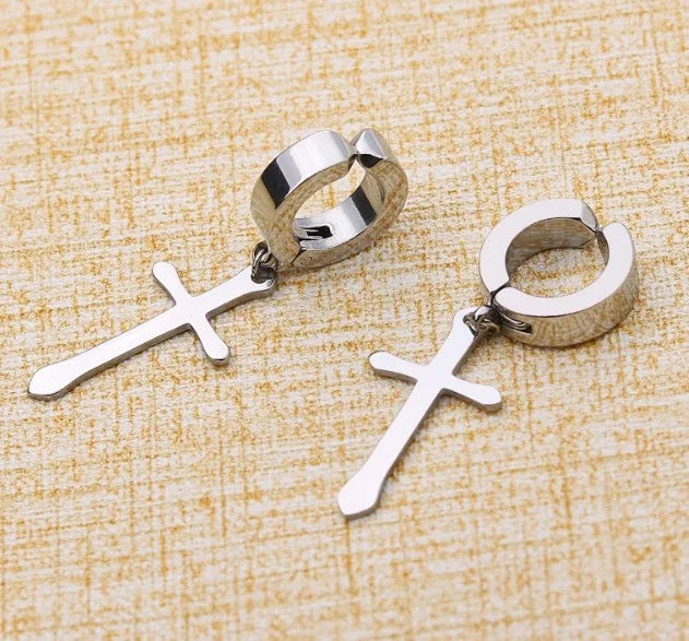 Unisex-Men’s Stainless Steel Clip On / Magnetic Cross Earrings (No Piercing Earrings)