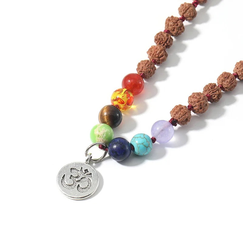 108 Beads Rudraksha 7 Chakra Mala Prayer Necklace + OM Charm