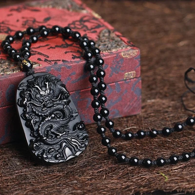 Dragon Carved Obsidian Stone Adjustable Necklace