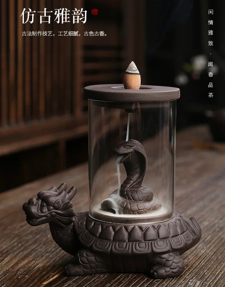 Cobra Snake on Turtle Incense Holder + 10 Free Back-Flow Incense Cones.