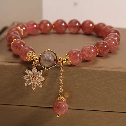 Natural Strawberry Quartz Healing Positive Zircon Flower Charm Bracelet (8mm)