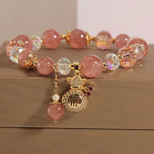 Natural Strawberry Quartz Crystal Money Bag Charm Positive Bracelet (8mm)