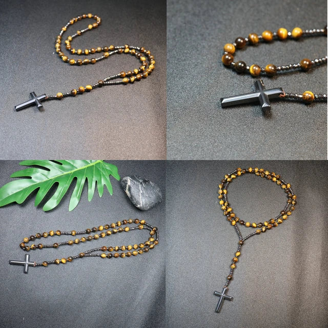 Tiger Eye Bead Rosary Christian Prayer Necklace (8mm)