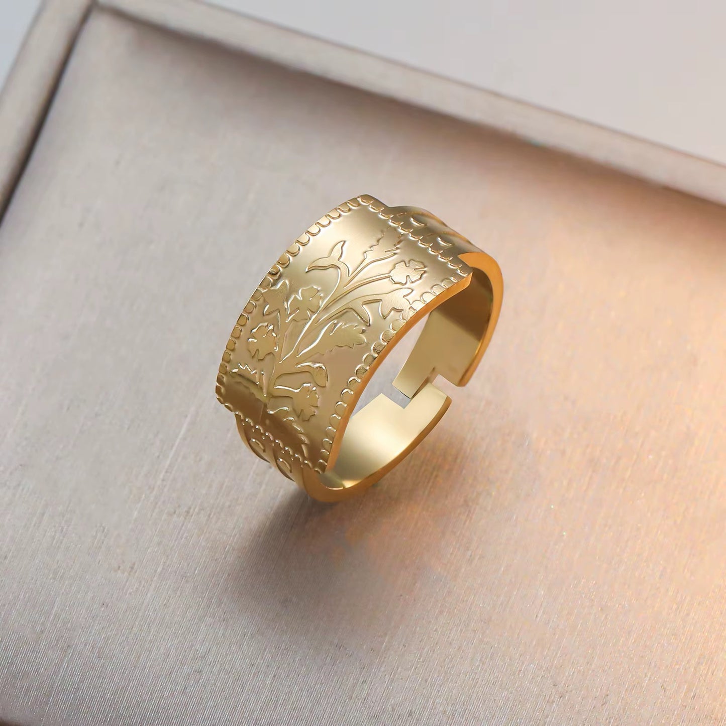 Vintage Floral Embossed Adjustable Stainless Steel Ring