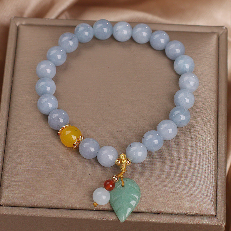 Jade Leaf Aquamarine Charm Bracelet (8mm)