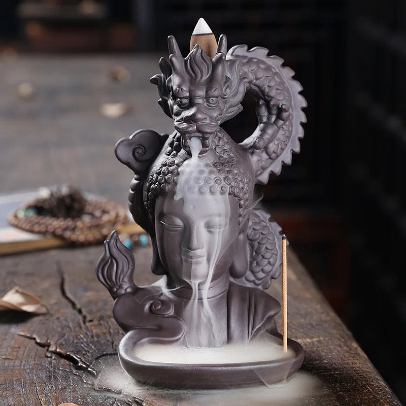 Buddha & Deagon Incense Holder + 10 Free Back-Flow Incense