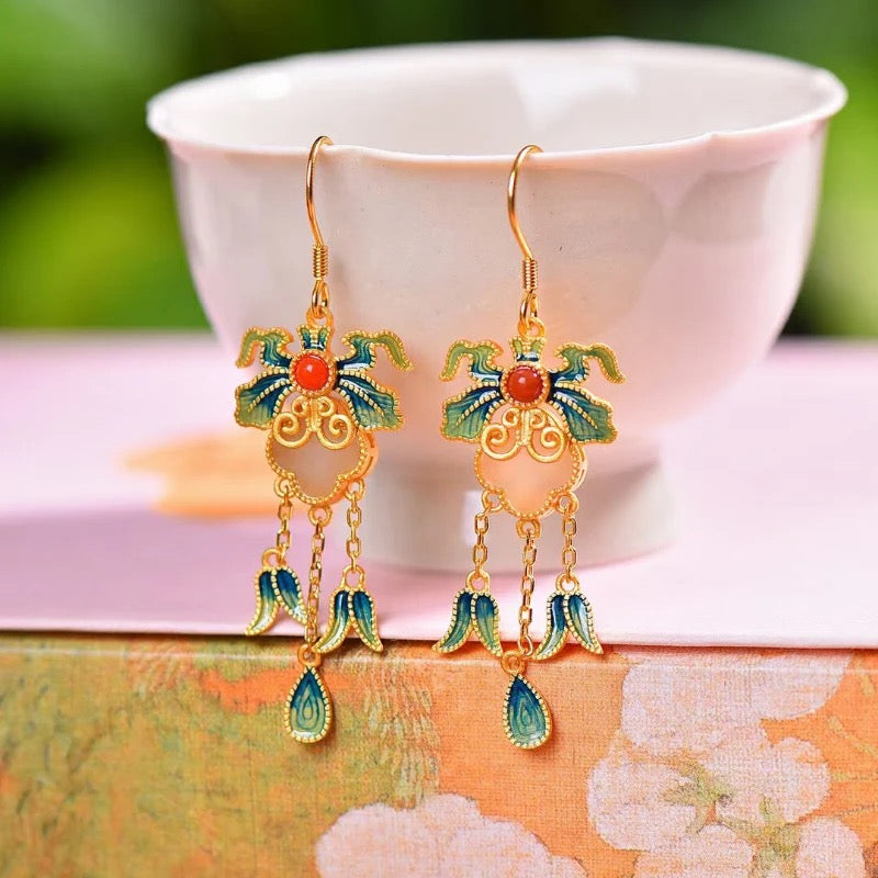 S925 Silver 24k Gold Plated Natural White Jade Earrings