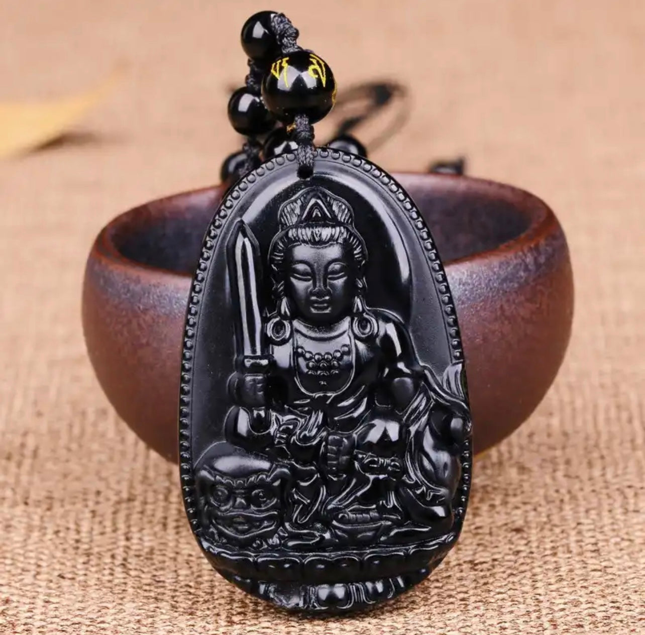 Bodhisattva Carved Obsidian Stone Adjustable Necklace