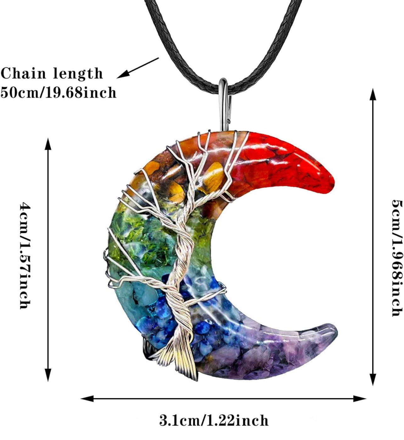 7 Chakra Tree Of Life Wire Wrapped Moon Necklace.