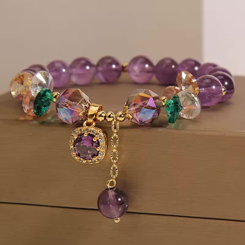 Natural Amethyst Zircon Charm Bracelet (8MM Beads)